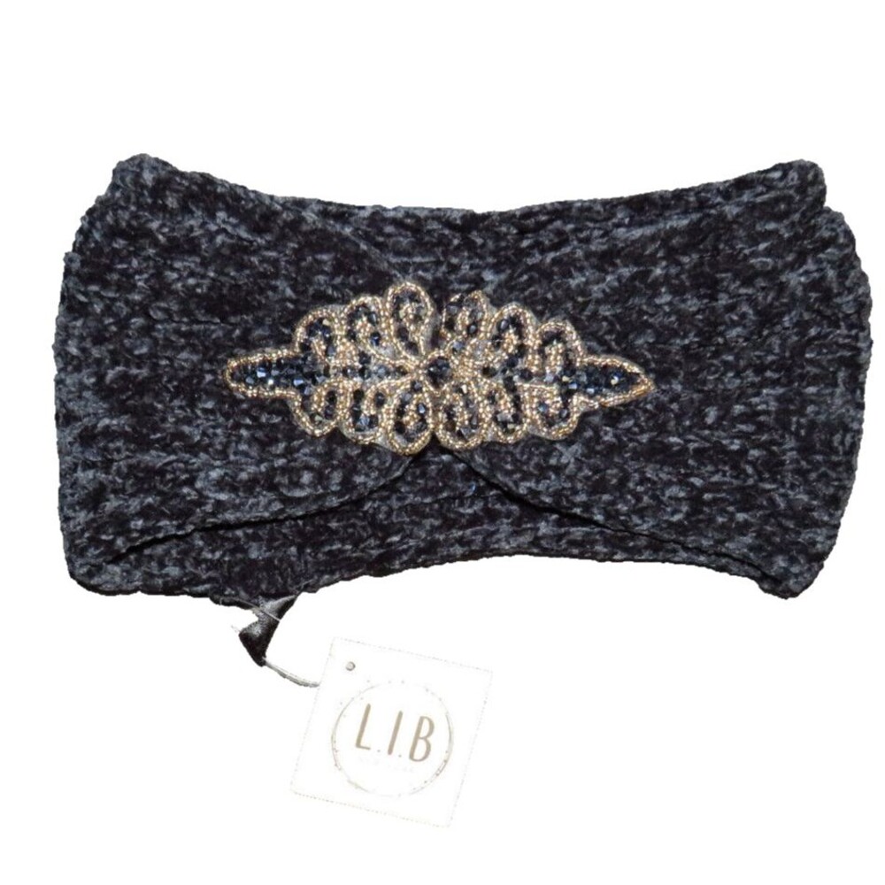 L.I.B. New York Black Chenille Soft Knit Beaded Headband Ear Warmer Head Wrap